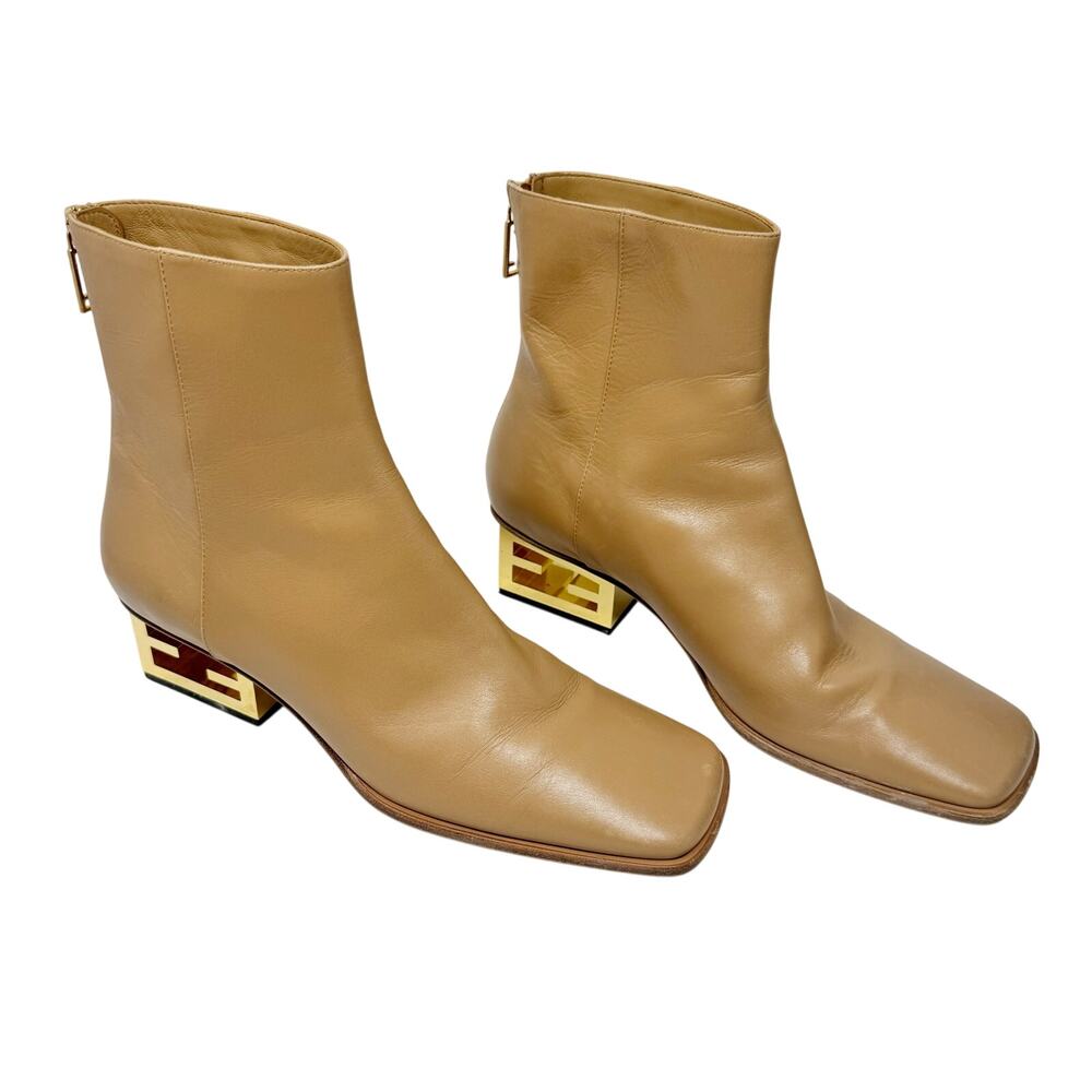 Fendi Capretto Baguette Tan Leather Ankle Boots Gold FF Logo Block Heel 39 US 9